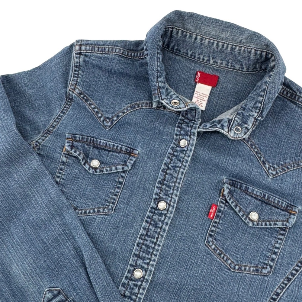 Levi's Western Indigo Shirt Kids XL 16 Blue Denim Pearl Snap Long Sleeve Cowgirl - Picture 2 of 11